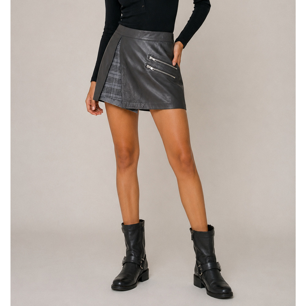 Free People NWOT Size 4 Lamb Leather Wrap Skort Gray Moto Mini Skirt Shorts Wool